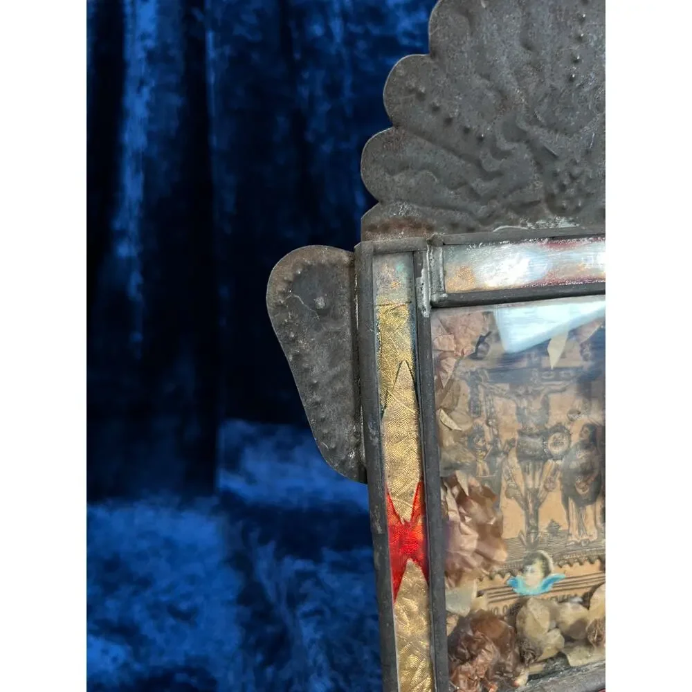 Vintage Metal Religious Shadow Box – Crucifixion Dried Flower Folk Art Shrine